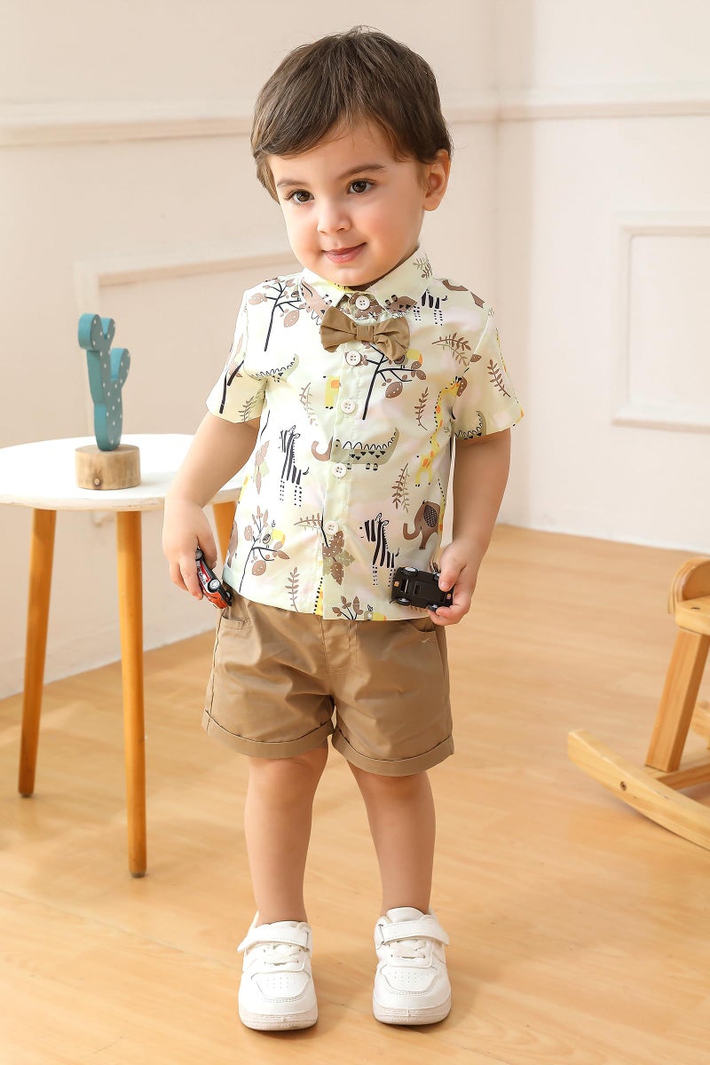 JEELLIGULAR Toddler Baby Boy Summer Clothes Short Sleeve Button Down Shirt Shorts Set Gentlemen Casual Outfits 1-6 Years (Animal Print & Khaki, 12-18M) - Image 2